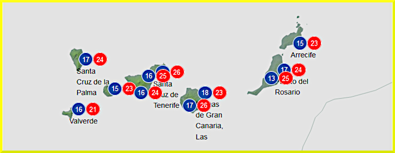 Temperaturer 30 december 2023, Kanarieöarna.