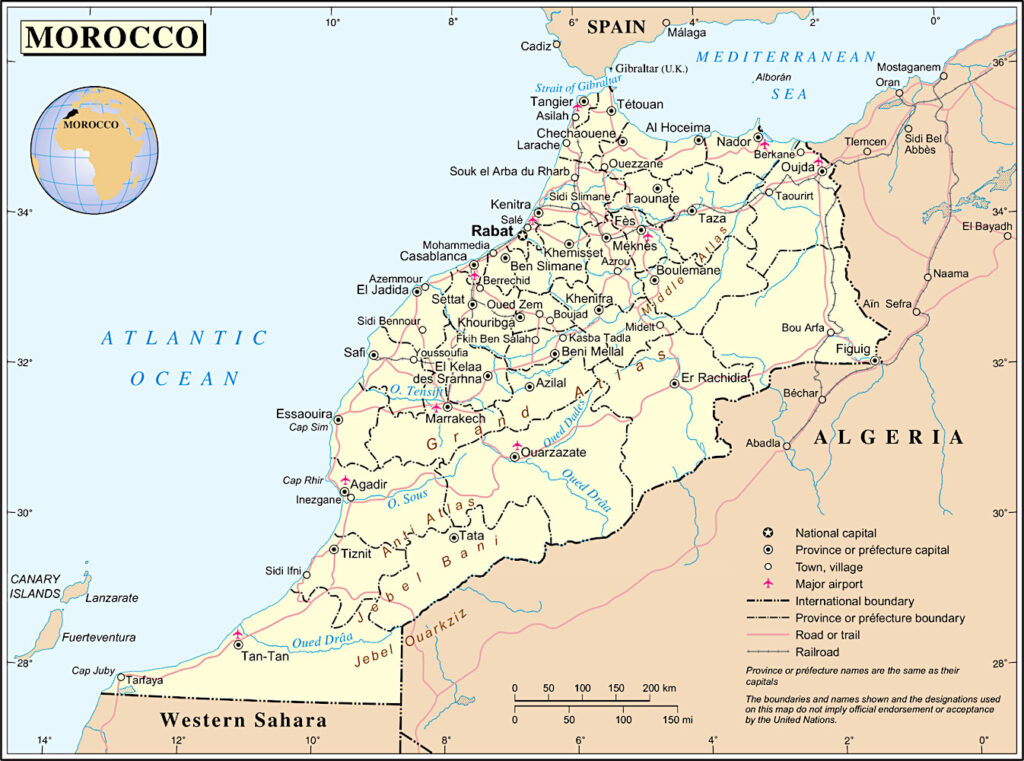 Karta visar gränsen mellan Marocko och Algeriet.