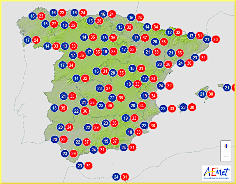 Väderprognos för Spanien den 22 augusti 2024.