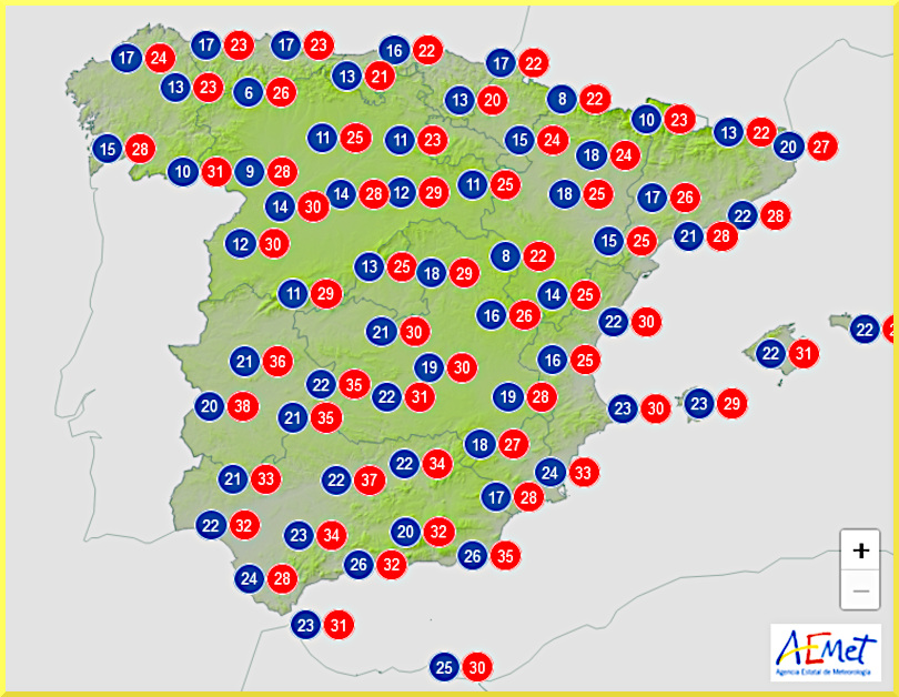 Väderprognos för Spanien den 25 augusti 2024.