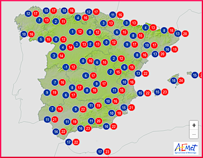 Temperaturer i Spanien den 26 oktober 2024.