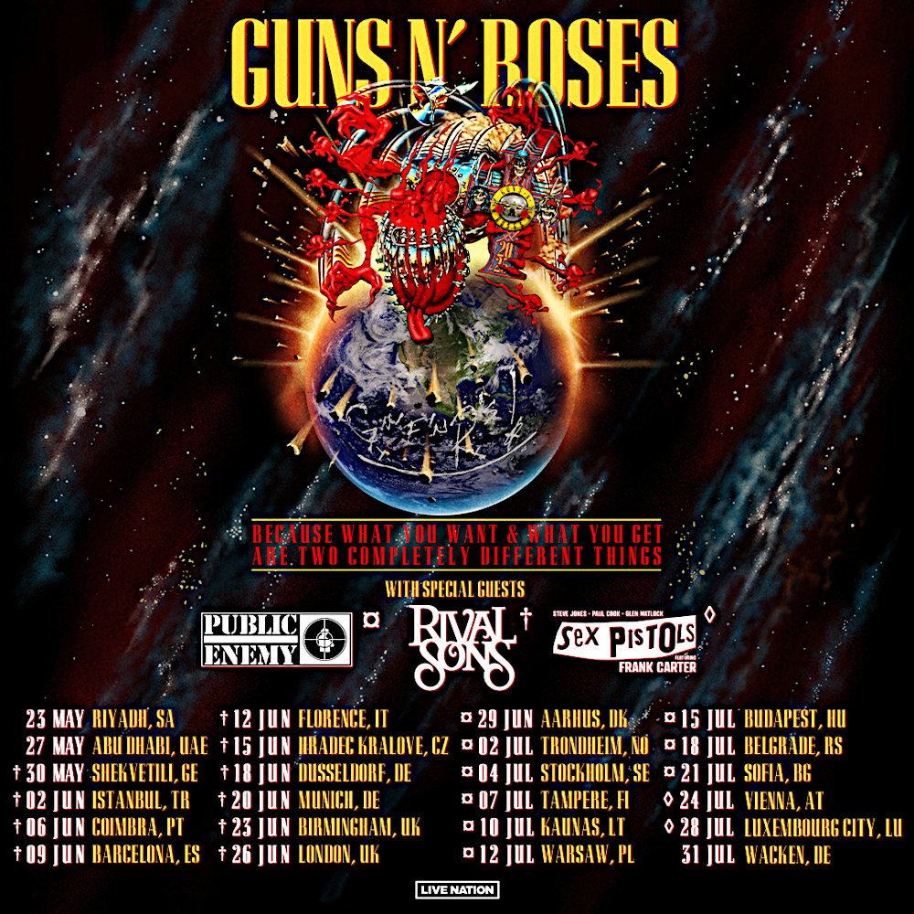 Guns N' Roses Europaturné 2025, officiell poster. 