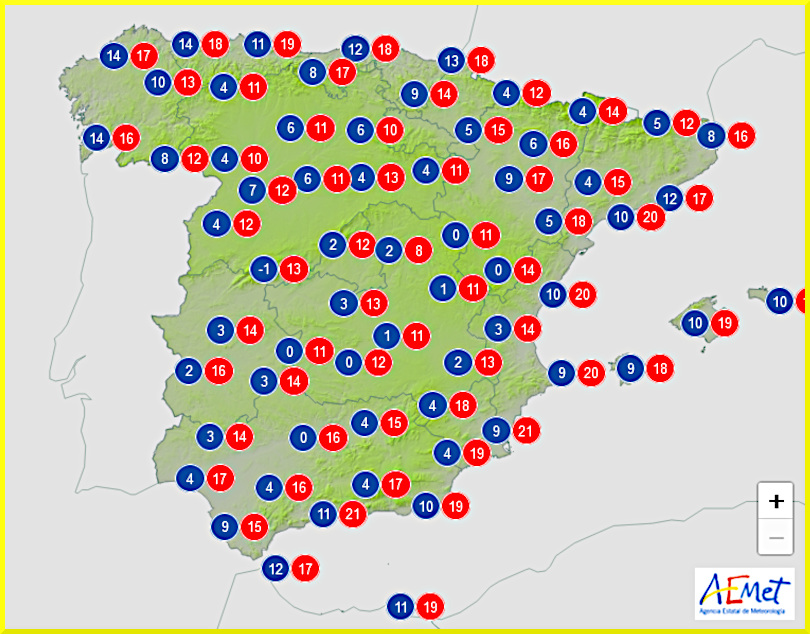 Väderprognos för Spanien den 4 januari 2025.