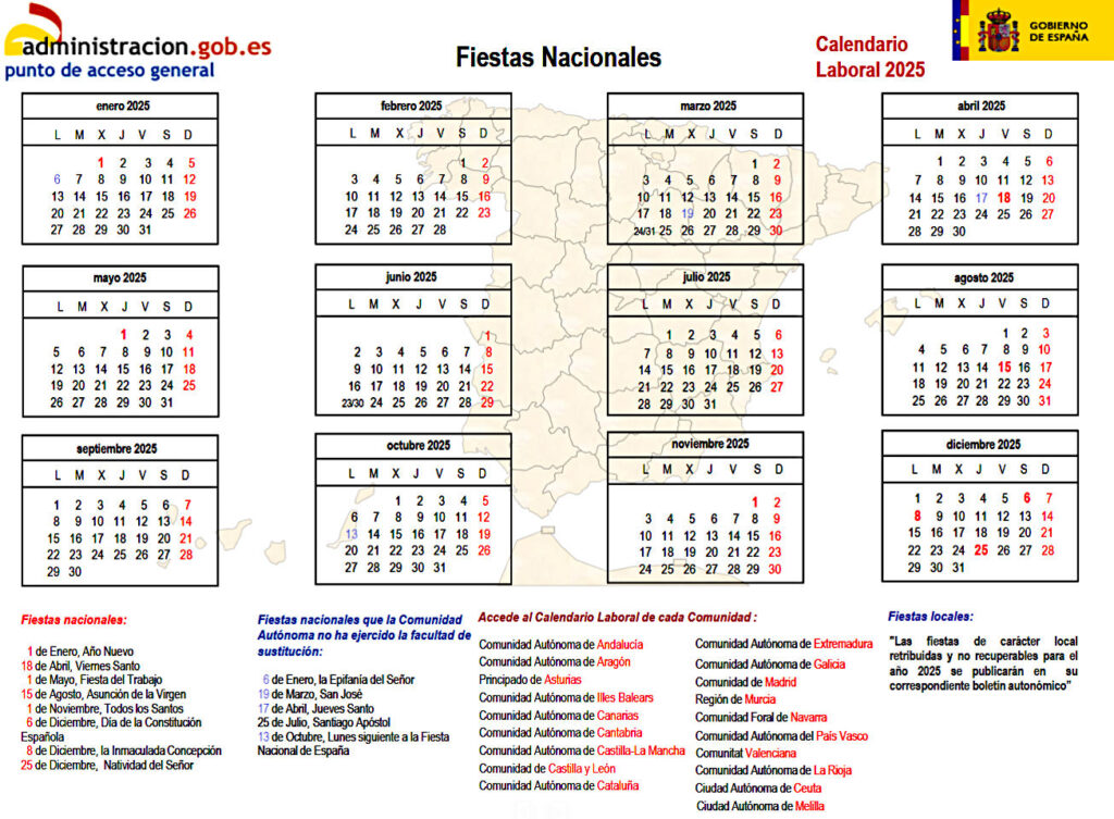 Helgkalender för Spanien 2025.