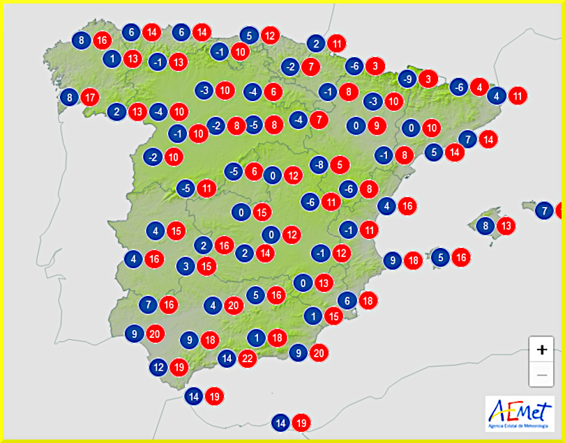 Väderprognos för Spanien den 12 januari 2025.