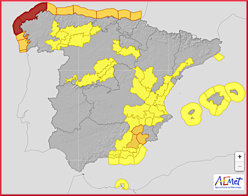 Vädervarningar för Spanien den 28 januari 2025.