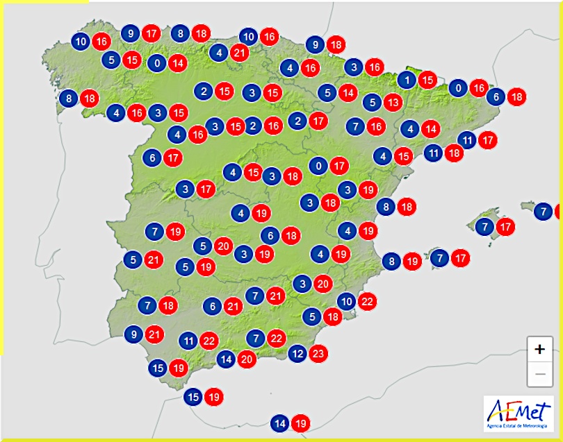 Väderprognos för Spanien den 16 februari 2025.