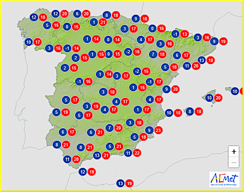 Väderprognos för Spanien den 23 februari 2025.