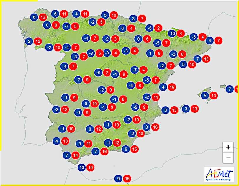 Väderprognos för Spanien den 9 februari 2025.