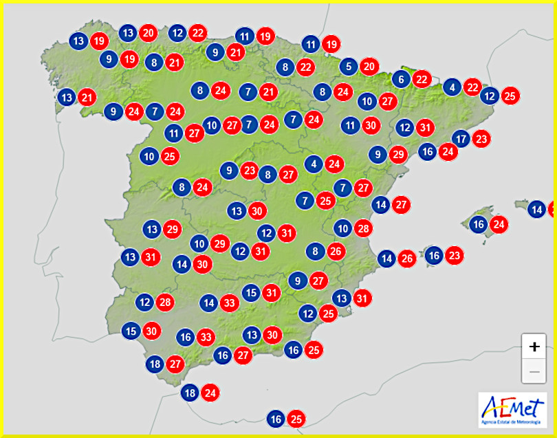 Väderprognos för Spanien den 5 maj 2025.
