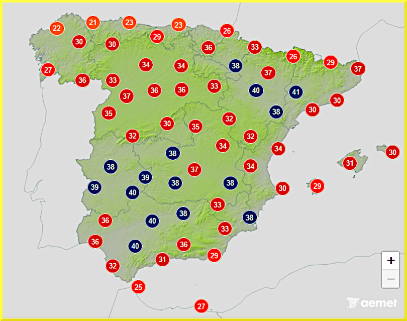Temperaturkarta för Spanien den 1 juli 2025.