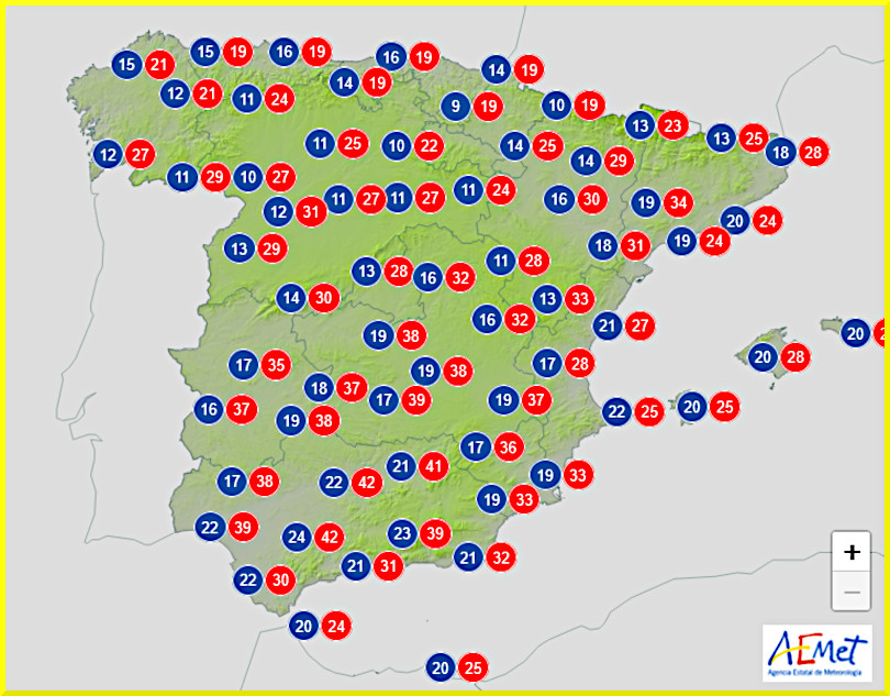 Temperaturkarta för Spanien den 8 juni 2025.
