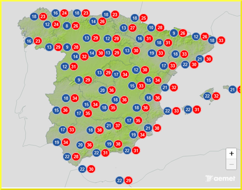 Väderprognos med temperaturer för Spanien den 25 augusti 2025.