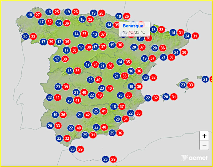 Väderprognos för Spanien den 6 augusti 2025.
