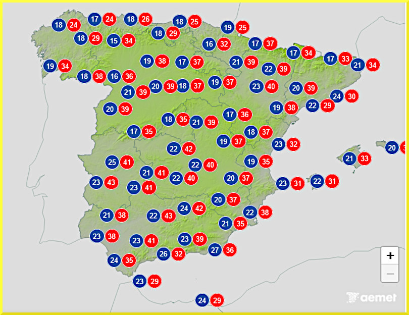 Väderprognos för Spanien den 9 augusti 2025.