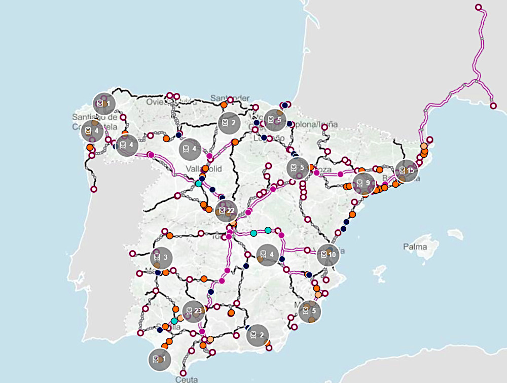 Renfe realtidskarta över tågens positioner i Spanien.