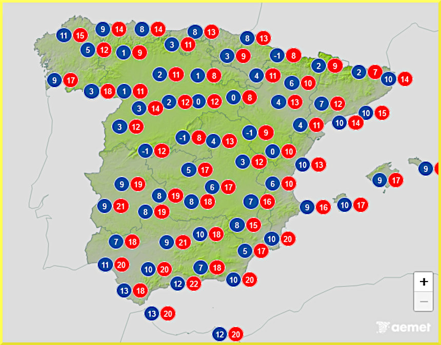 Väderprognos för Spanien den 22 mars 2026.