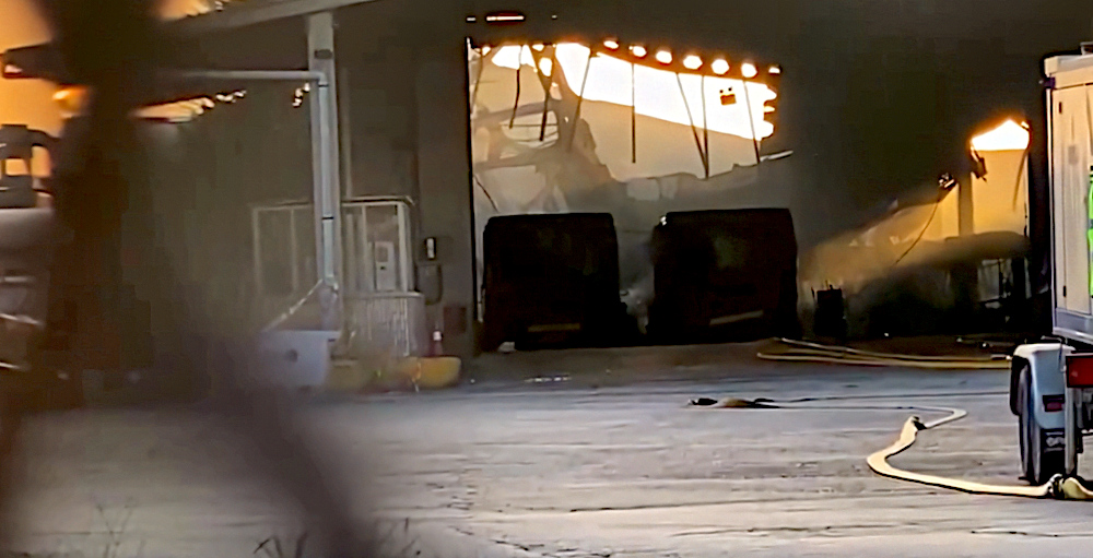 Bussdepån i Burgos med förstörda stadsbussar.